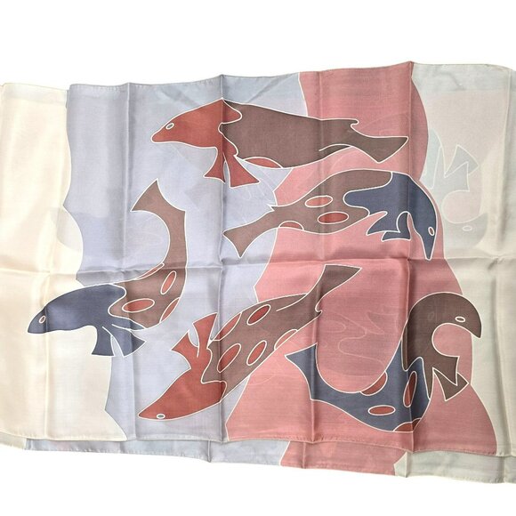 Vintage Hand-Painted Pure Silk Neck Scarf Abstract Fish Design Signed JJ3787 - Picture 2 of 8